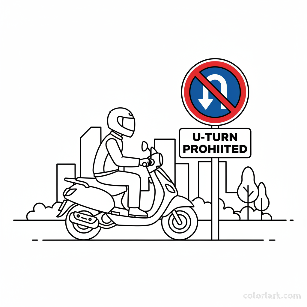 Coloring page of a scooterist following an Indian U-Turn Prohibited sign.