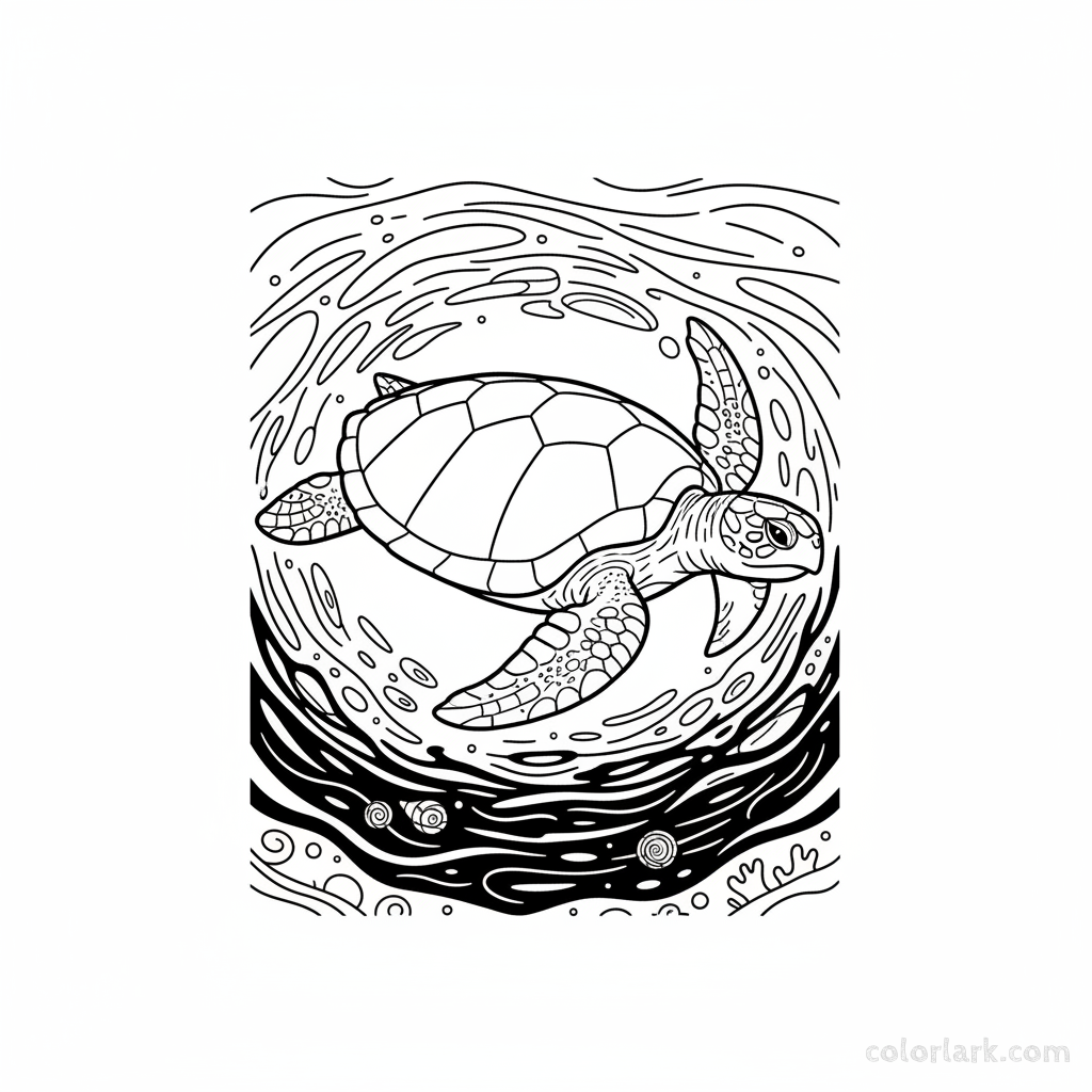 Black and white line art coloring page of a sea turtle diving deep into the dark ocean abyss.
