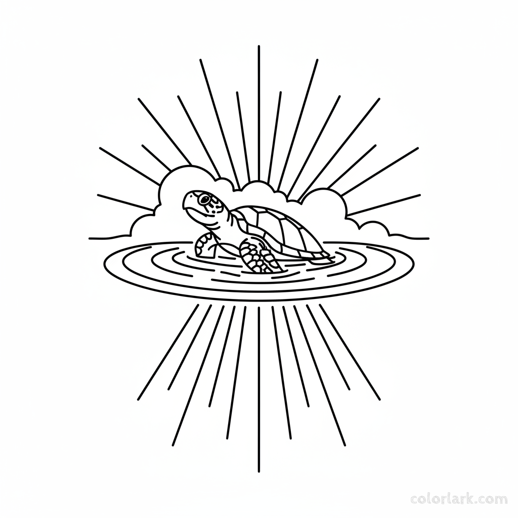 Black and white line art coloring page of a sea turtle emerging from the water with sun rays beaming down.