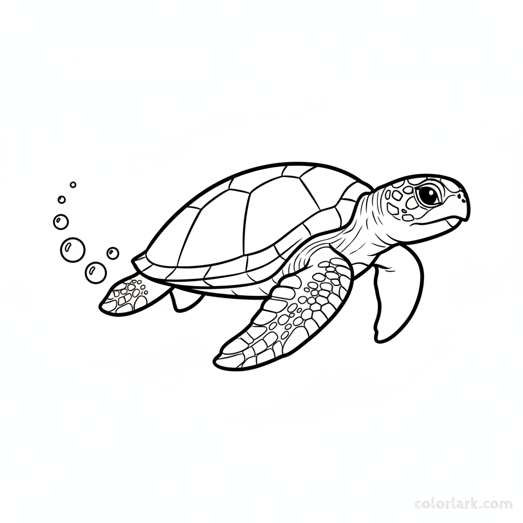 Black and white line art coloring page of a sea turtle gliding through water with a trail of bubbles.
