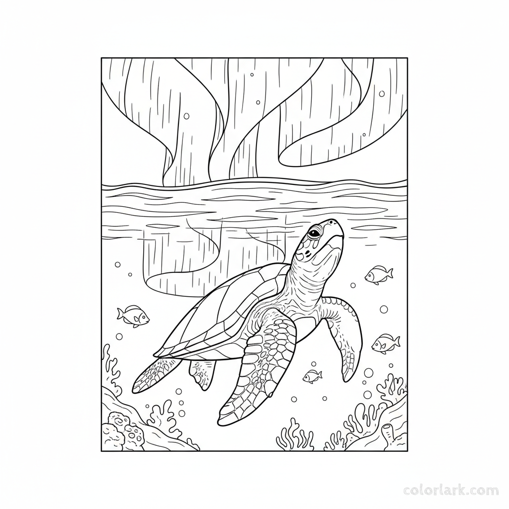 Black and white line art coloring page of a sea turtle swimming underwater with the ethereal Northern Lights reflecting from above.