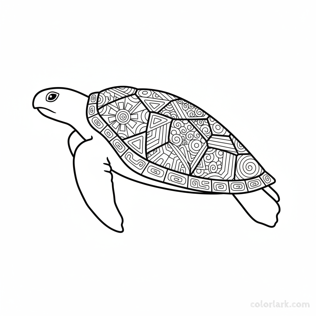 Black and white line art coloring page of a sea turtle featuring a beautiful, intricate geometric pattern on its shell.