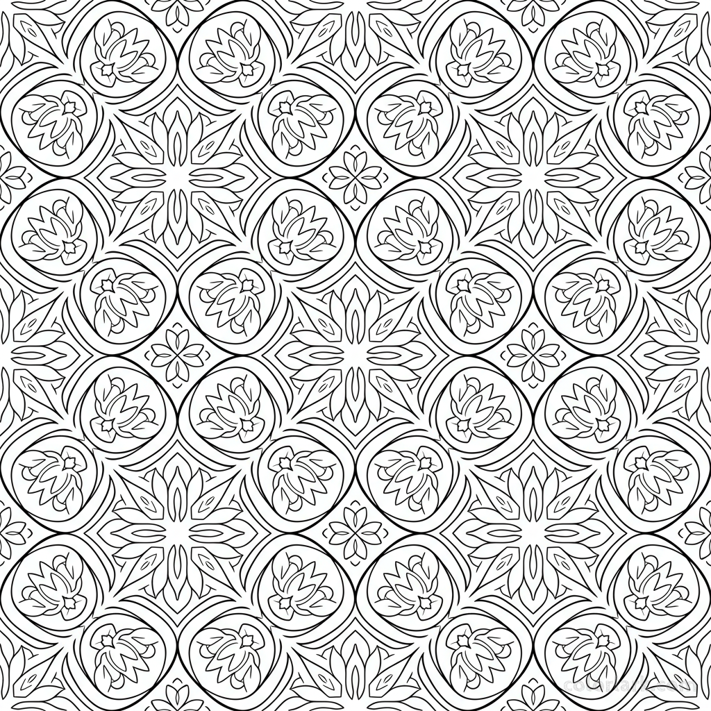Black and white line art of a seamless tileable pattern featuring stylized lotus flowers.