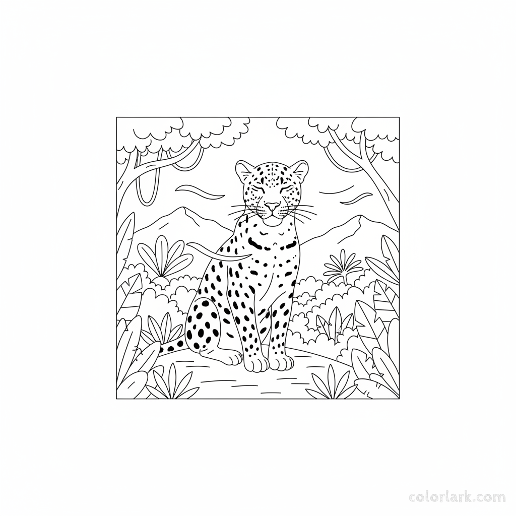Serene Indian leopard coloring page on a breezy hilltop.