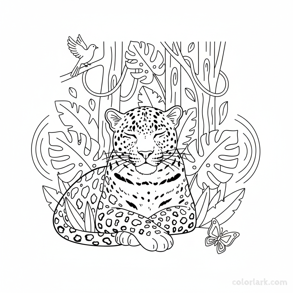 Free printable coloring page of a serene Indian leopard with a peaceful expression in the jungle.