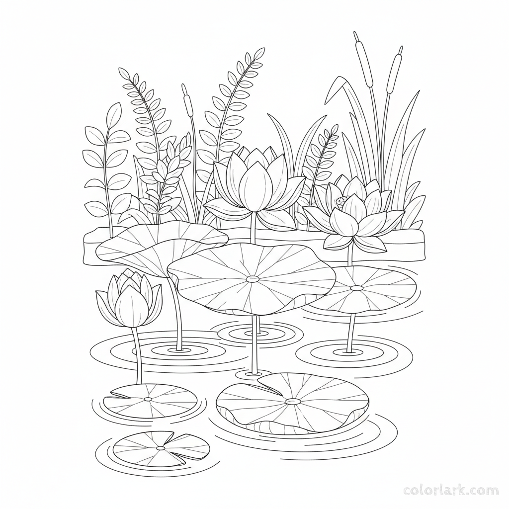 Black and white line art of serene lotus flowers and lily pads on calm pond water.