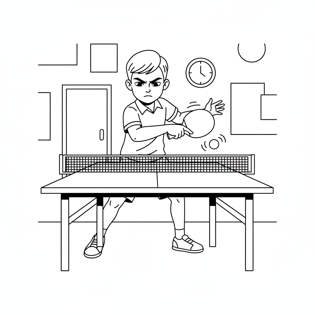 Line art of a serious youngster focusing on backhand topspin technique in table tennis.