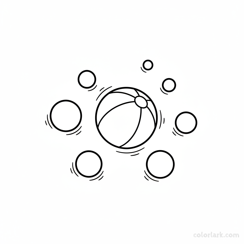A black-and-white line art illustration showing seven bouncy purple balls, ideal for a number 7 counting and coloring activity.