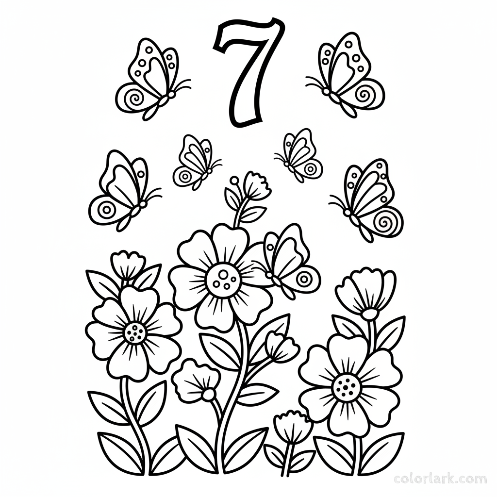 Black and white line art coloring page showing seven butterflies in a garden with the number 7.
