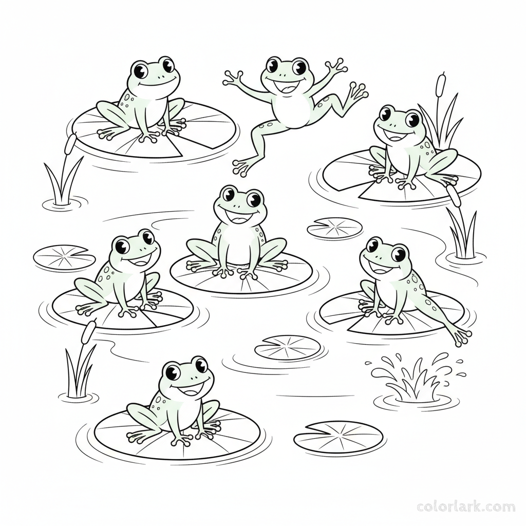 A black-and-white line art illustration of seven friendly green frogs in a pond, for a number 7 counting coloring page.