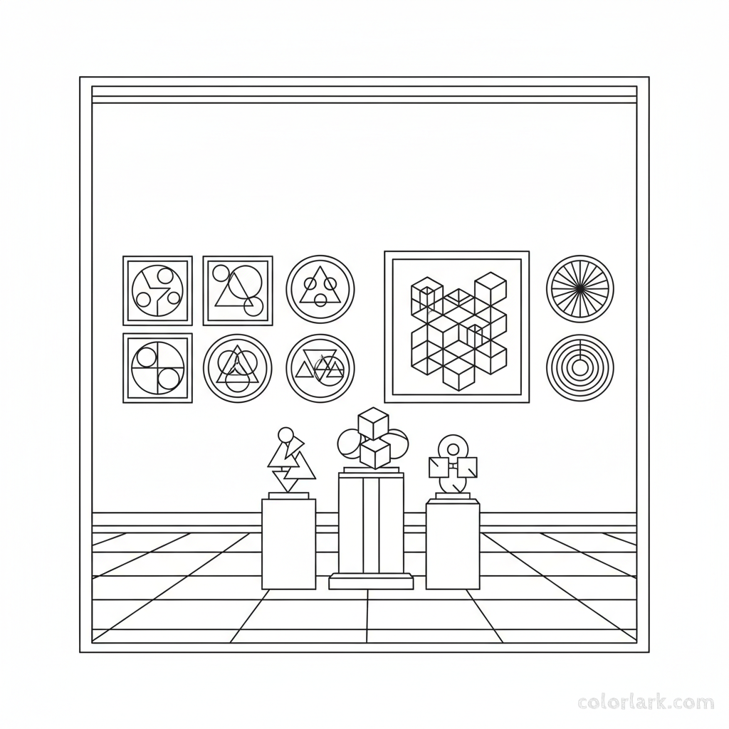 Black and white line art of an art museum gallery with paintings, sculptures, and frames, all composed of circles, squares, and triangles for shape learning.