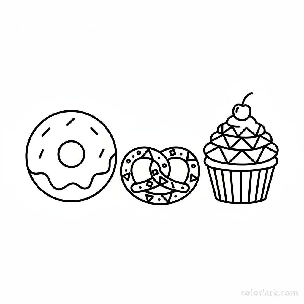 Black and white line art of bakery delights like donuts, pretzels, and cupcakes, all composed of circles, squares, and triangles, for shape recognition coloring.