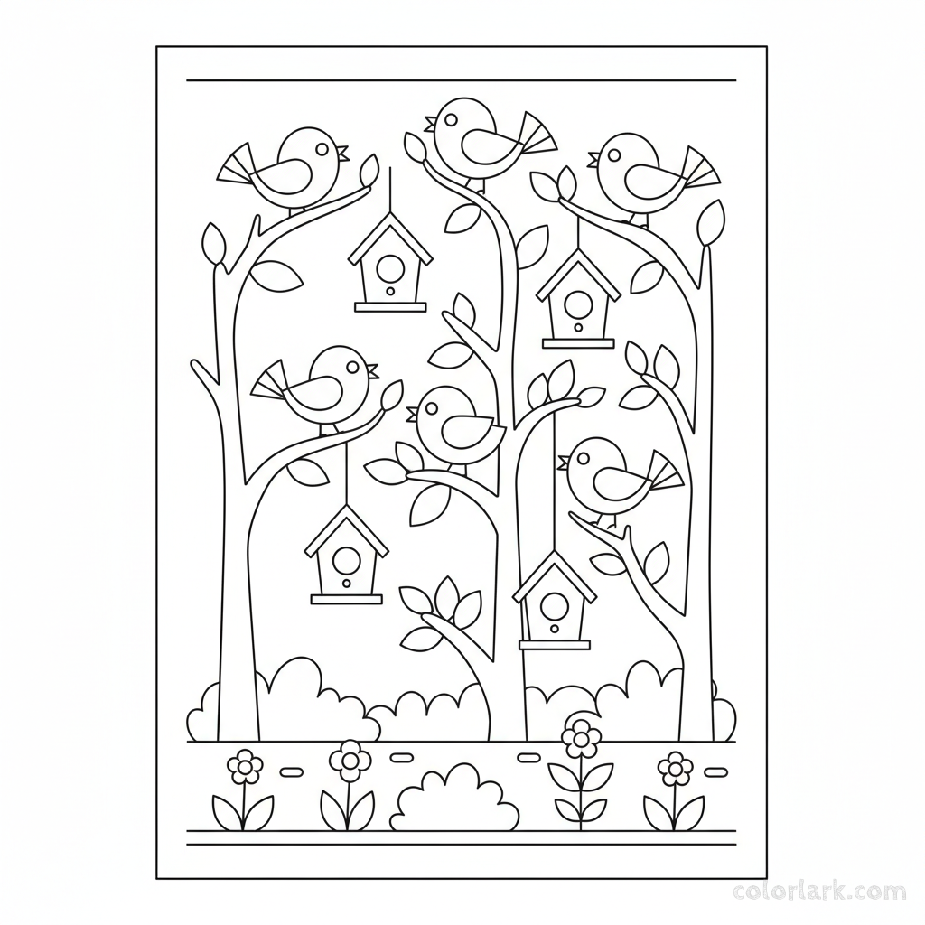 Black and white line art of a bird sanctuary scene with birds and birdhouses, all composed of circles, squares, and triangles for shape recognition.