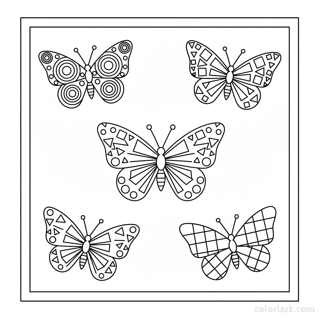 Black and white line art of a butterfly specimen exhibit, showing butterflies with bodies and wings patterned with circles, squares, and triangles for coloring.