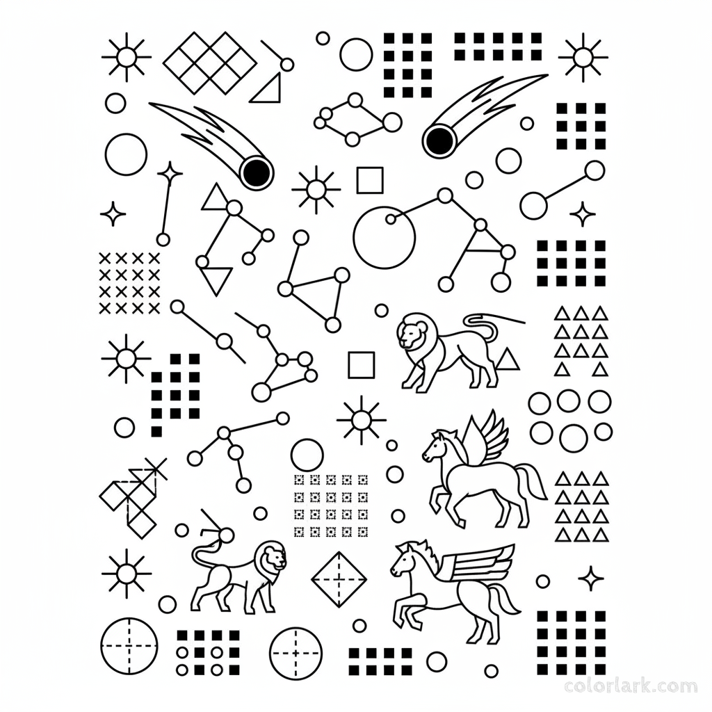 Black and white line art of celestial wonders including stars, comets, and constellations, all composed of circles, squares, and triangles for shape recognition.