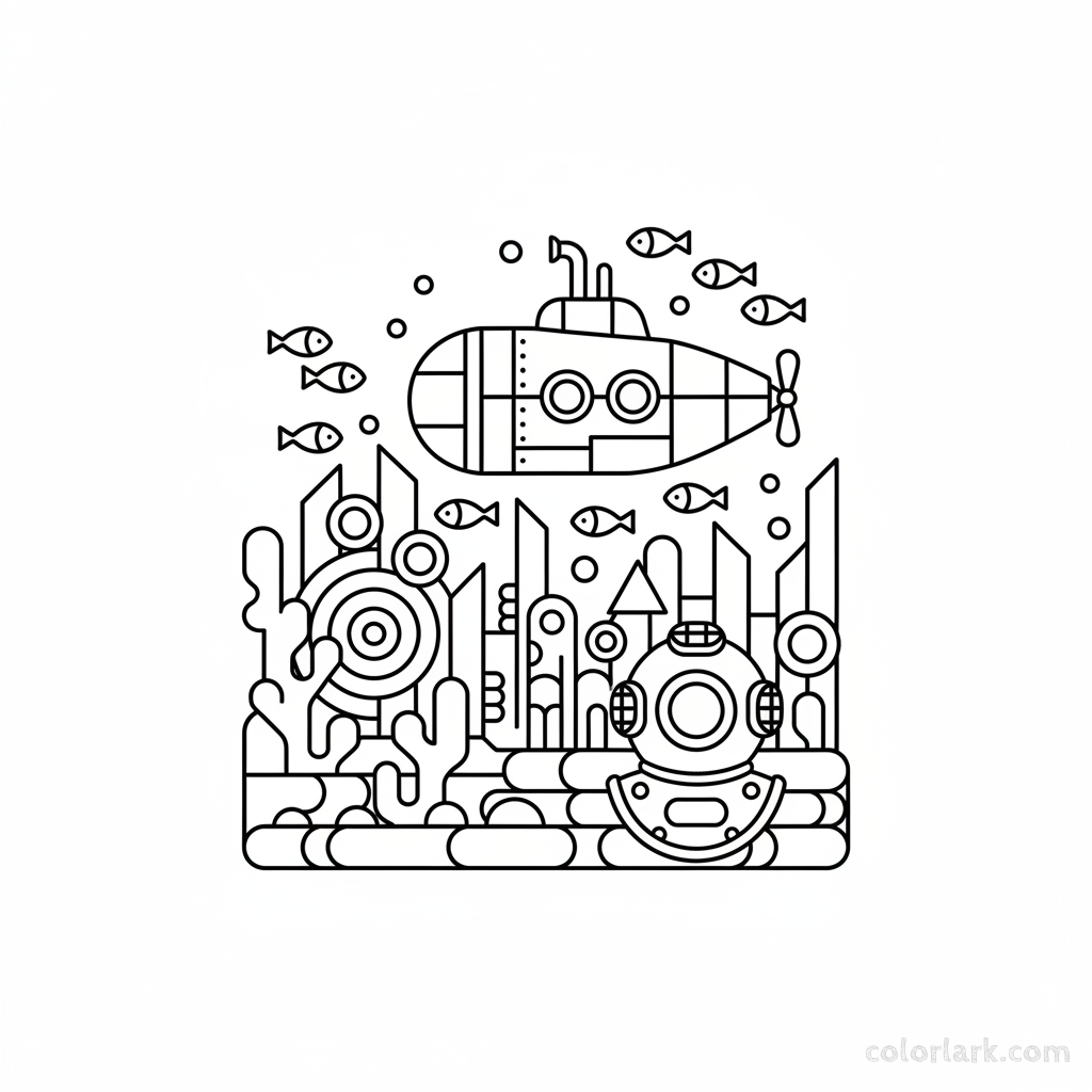 Black and white line art of a deep sea research scene with a submarine, coral reef, and diving helmet, all composed of circles, squares, and triangles.