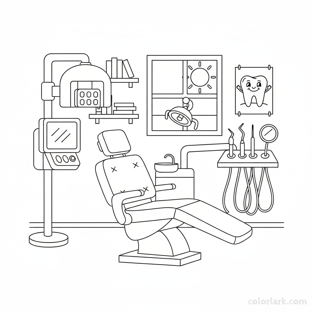 Black and white line art of a dentist's office with a chair, tools, and X-ray machine, all composed of circles, squares, and triangles for shape recognition.
