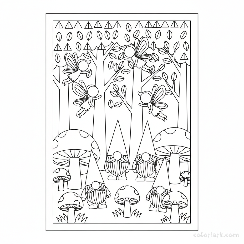 Black and white line art of enchanted woods creatures like fairies, gnomes, and magic mushrooms, all composed of circles, squares, and triangles for shape recognition.