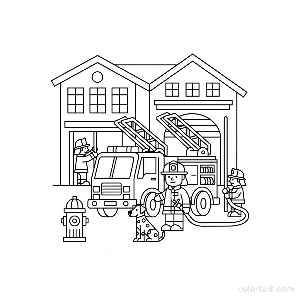 Black and white line art of fire station equipment including a fire truck, firefighter, and hydrant, all composed of circles, squares, and triangles for shape learning.