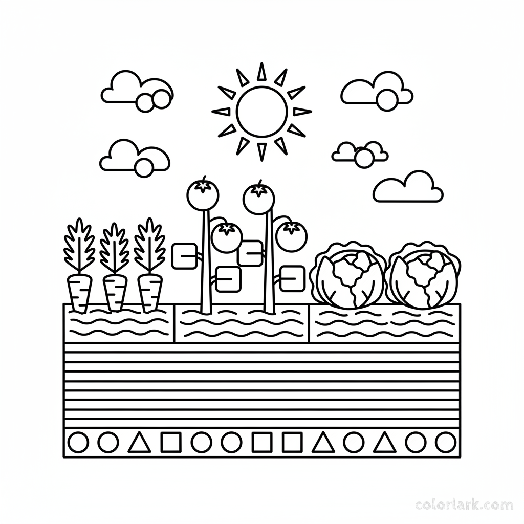 Black and white line art of a vegetable garden patch with carrots, tomatoes, and lettuce, all designed with prominent circles, squares, and triangles.