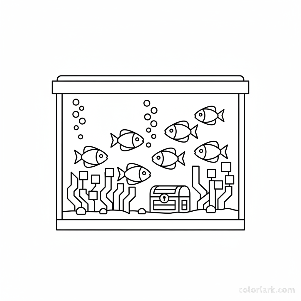 Black and white line art of a home aquarium display with fish, seaweed, and a treasure chest, all formed by circles, squares, and triangles for coloring.