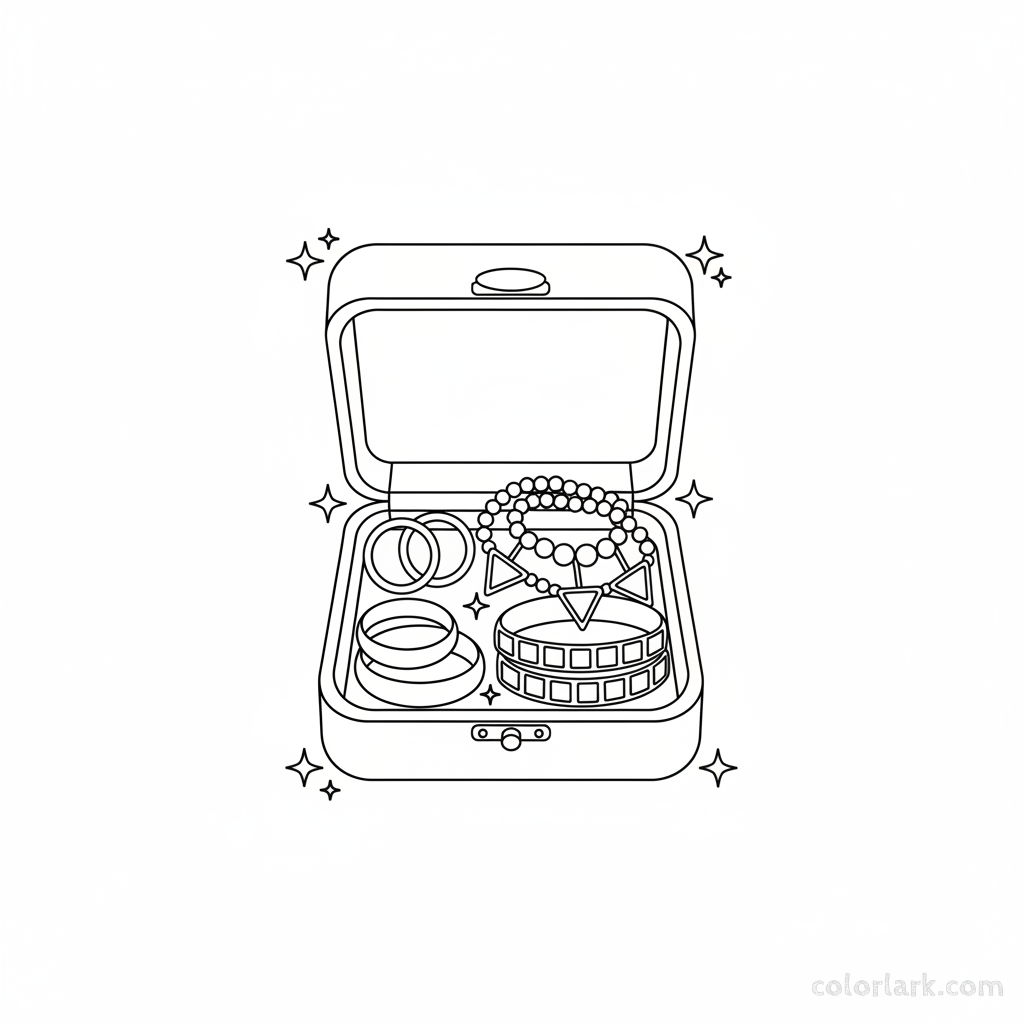 Black and white line art of jewelry box treasures including rings, necklaces, and bracelets, all formed by circles, squares, and triangles for shape learning.