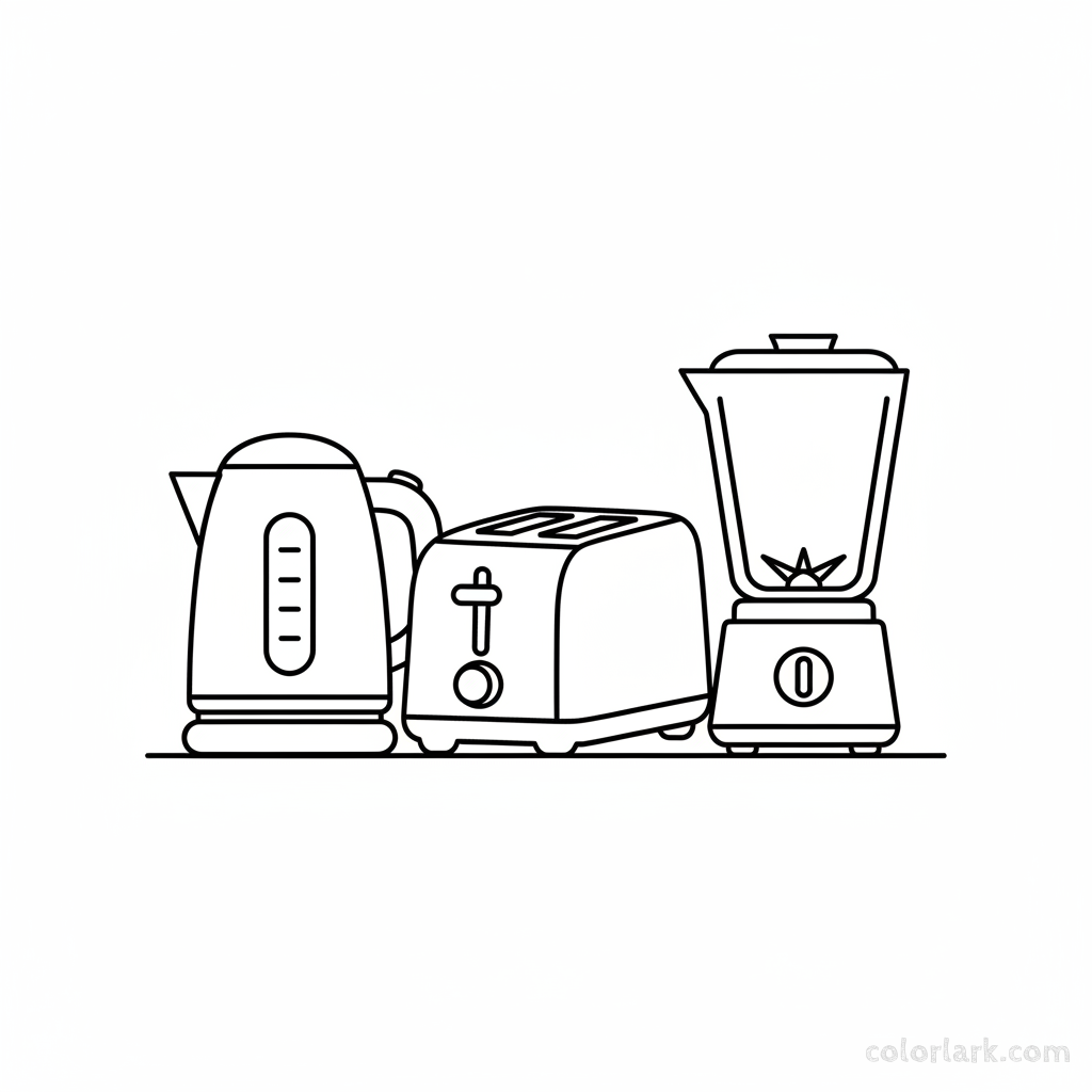 Black and white line art of kitchen appliances: a toaster, blender, and kettle, all designed with prominent circles, squares, and triangles for coloring.