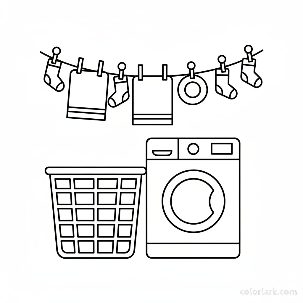 Black and white line art of laundry day essentials including a washing machine, basket, and clothesline, all formed by circles, squares, and triangles.