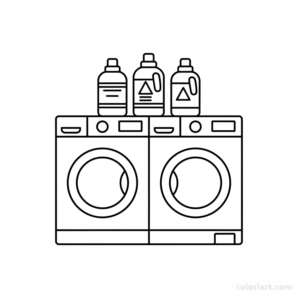 Black and white line art of laundry room appliances including a washing machine, dryer, and detergent bottles, all composed of circles, squares, and triangles.
