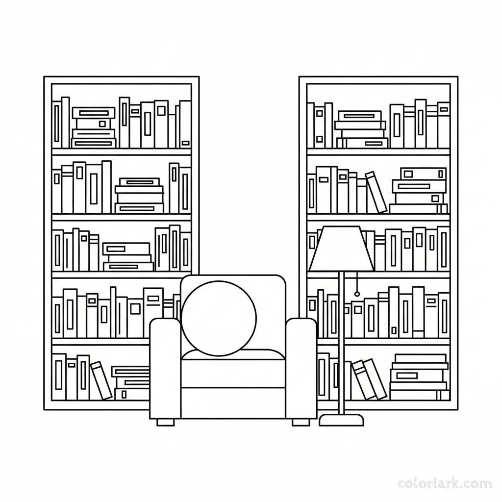 Black and white line art of a library quiet zone with bookshelves, an armchair, and a reading lamp, all composed of circles, squares, and triangles.