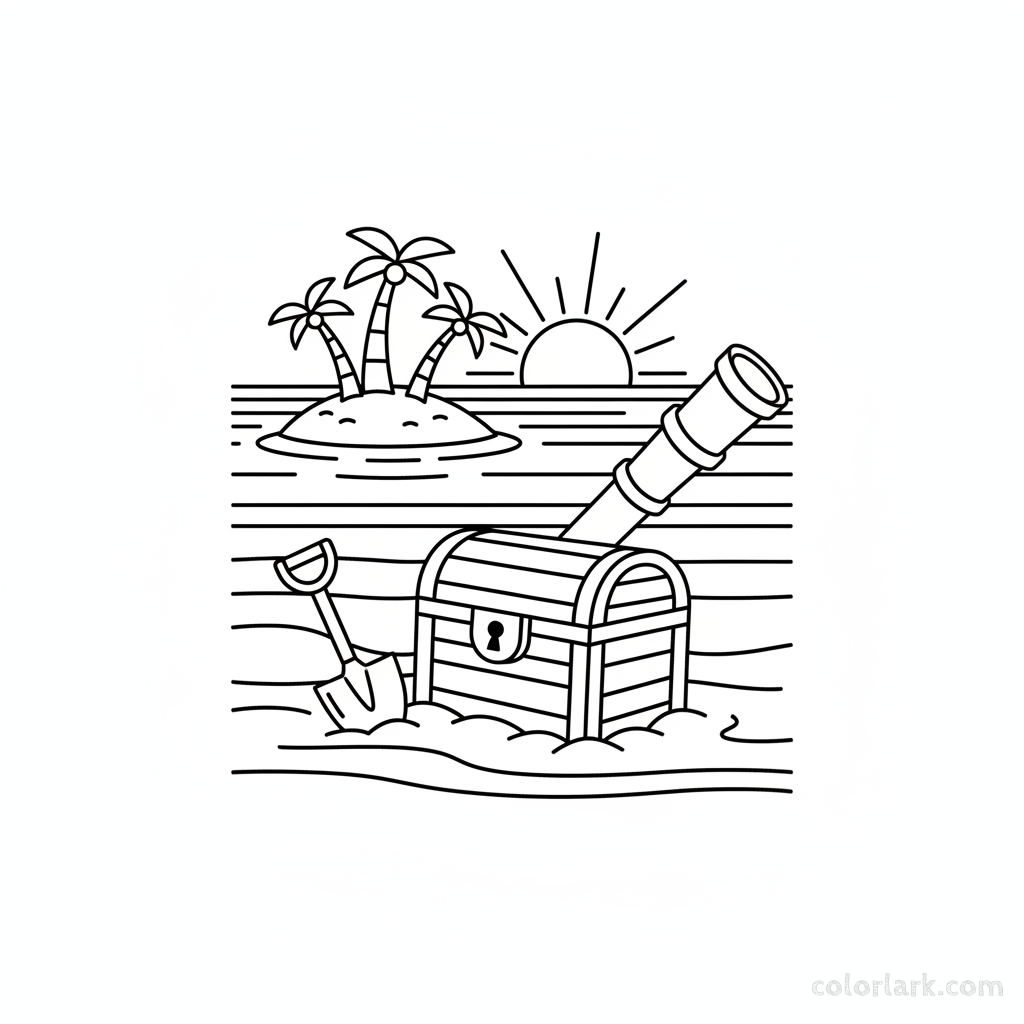 Black and white line art of a lost treasure island scene with a chest, shovel, and spyglass, all composed of circles, squares, and triangles for shape recognition.
