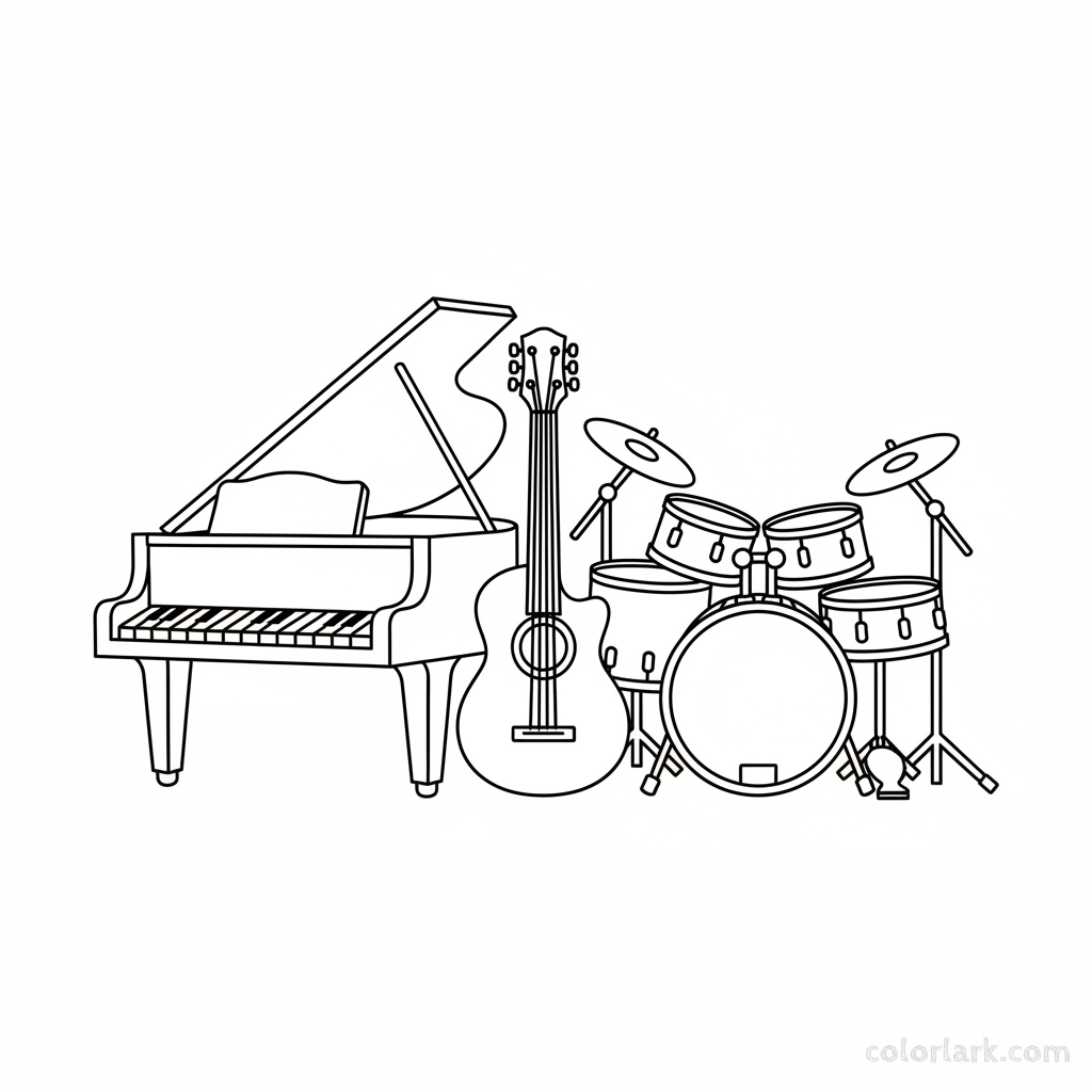Black and white line art of a musical instrument ensemble including a piano, guitar, and drum set, all composed of circles, squares, and triangles.