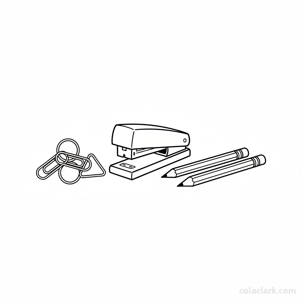 Black and white line art of office desk supplies including a stapler, paper clips, and pencils, all composed of circles, squares, and triangles for coloring.