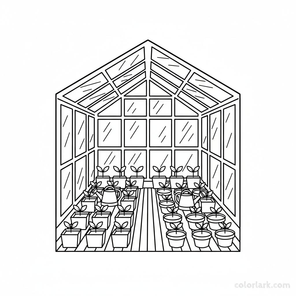 Black and white line art of a plant nursery greenhouse with seedlings, pots, and watering cans, all composed of circles, squares, and triangles for shape learning.