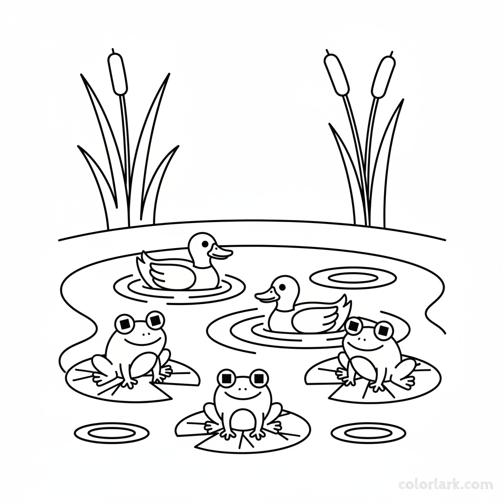 Black and white line art of a pond scene with frogs, ducks, and lily pads, all composed of circles, squares, and triangles, for shape recognition coloring.