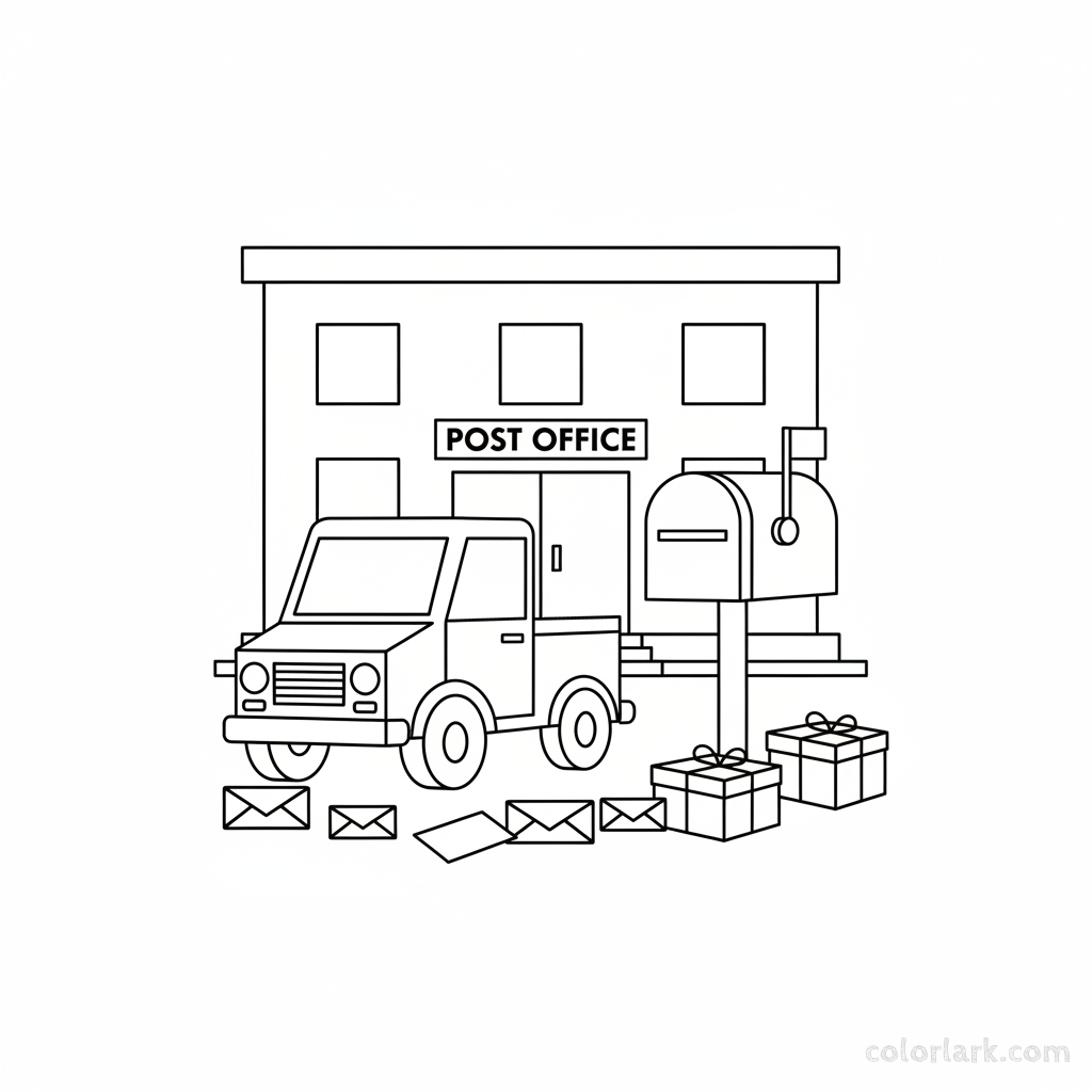 Black and white line art of a post office scene with a mail truck, mailbox, and letters, all composed of circles, squares, and triangles for shape recognition.