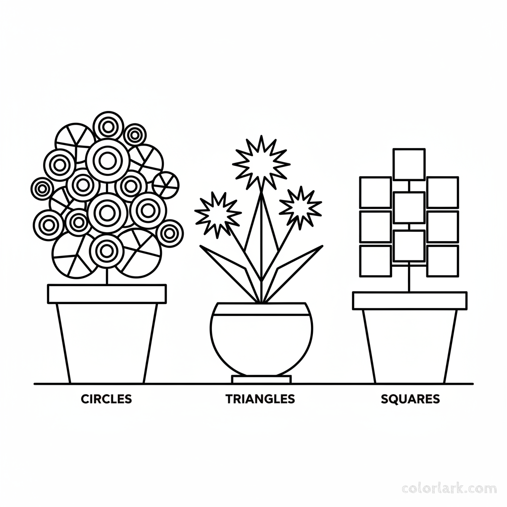 Black and white line art of a collection of potted plants with different blooming flowers, all composed of circles, squares, and triangles for shape recognition.