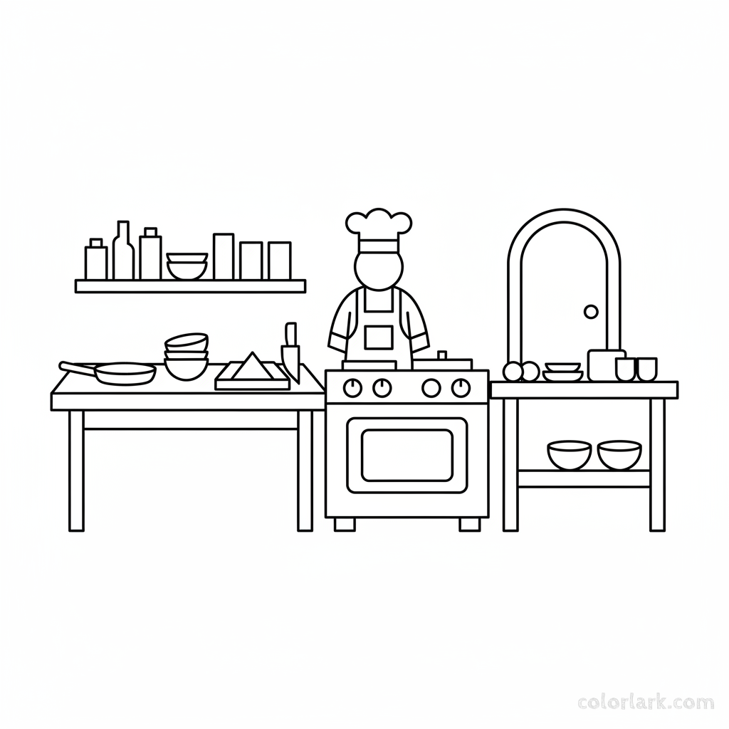 Black and white line art of a restaurant kitchen during prep with a chef, ovens, and cooking utensils, all composed of circles, squares, and triangles.