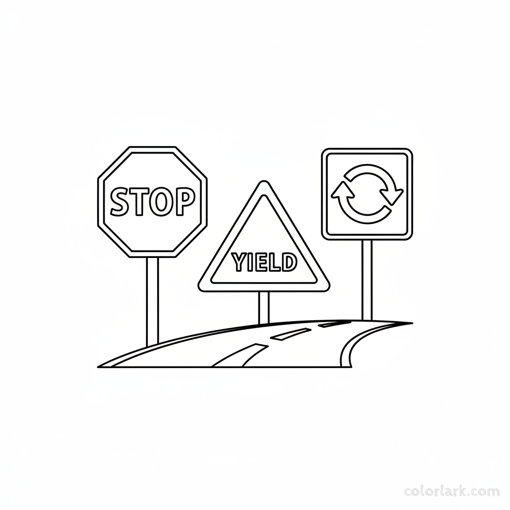 Black and white line art of road safety signs, including a stop sign, yield sign, and direction sign, all composed of circles, squares, and triangles for shape recognition.