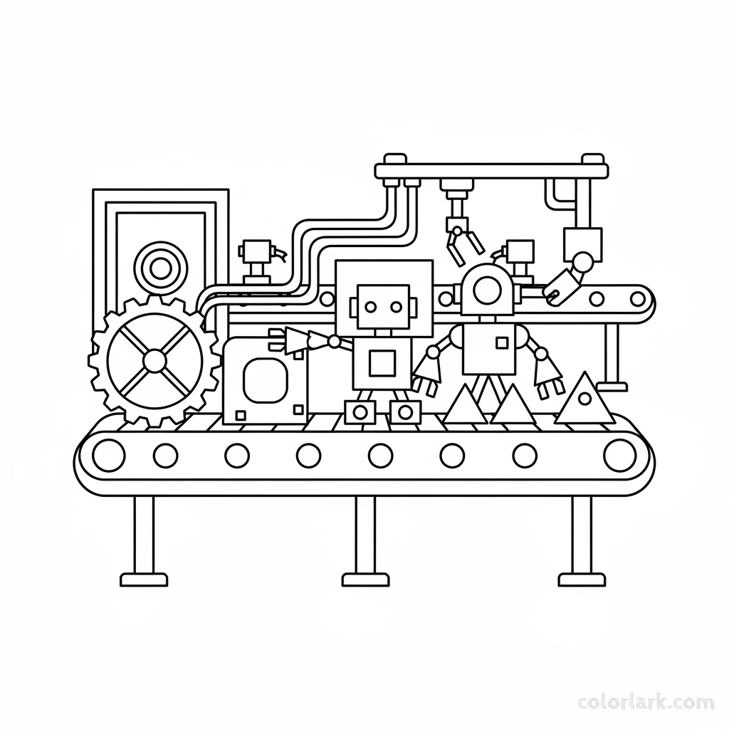 Black and white line art of a robot manufacturing line showing gears, wires, and robotic parts, all composed of circles, squares, and triangles.