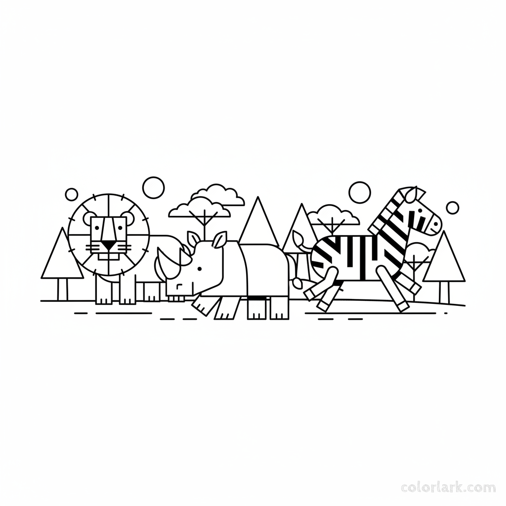 Black and white line art of safari animals like a lion, rhino, and zebra in the savannah, all composed of circles, squares, and triangles for shape recognition.