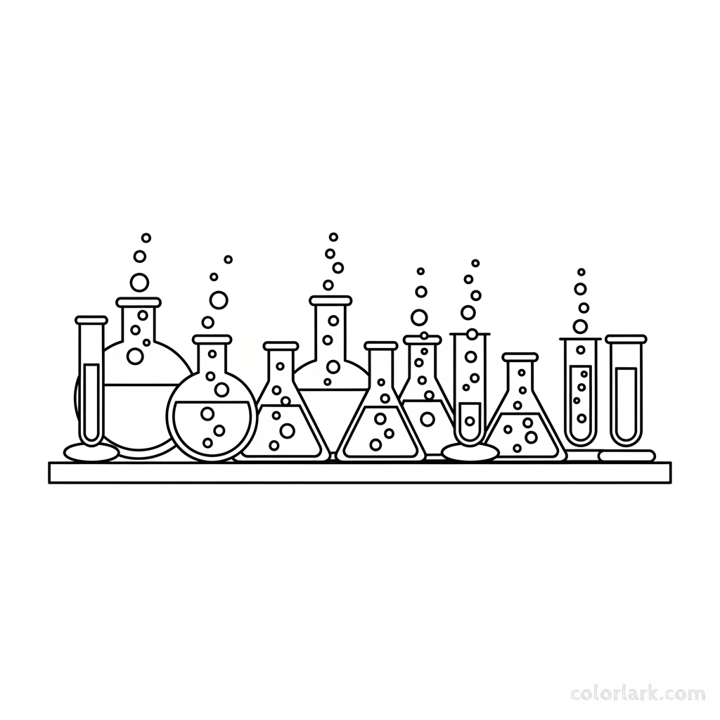 Black and white line art of science experiment gear including beakers, flasks, and test tubes, all composed of circles, squares, and triangles for shape recognition.