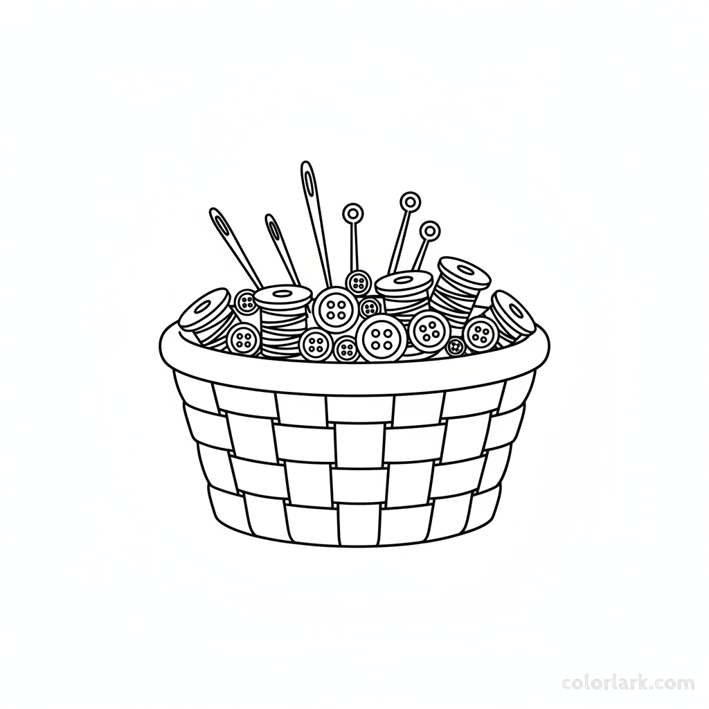 Black and white line art of a sewing craft basket filled with needles, thread, and buttons, all formed by circles, squares, and triangles for shape recognition.