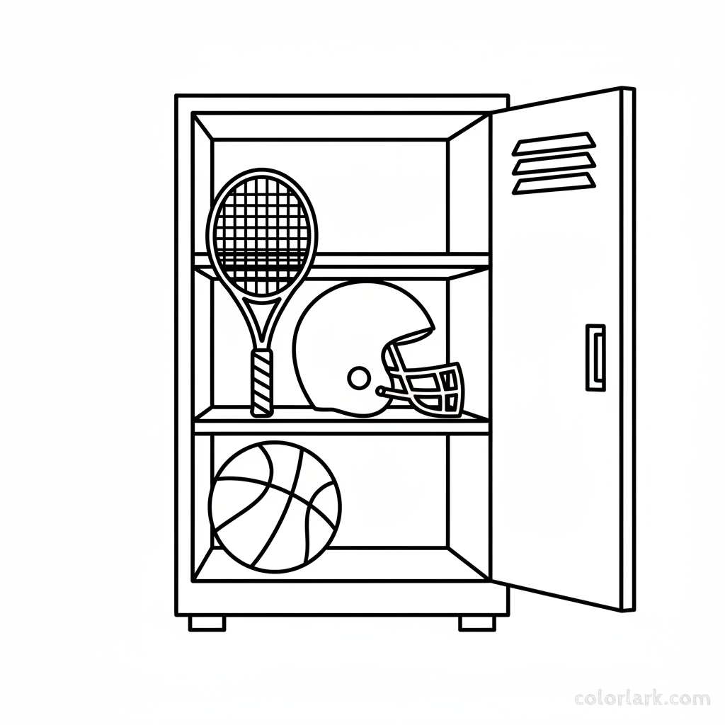 Black and white line art of sports gear in a locker, including a ball, racket, and helmet, all formed by circles, squares, and triangles for shape learning.
