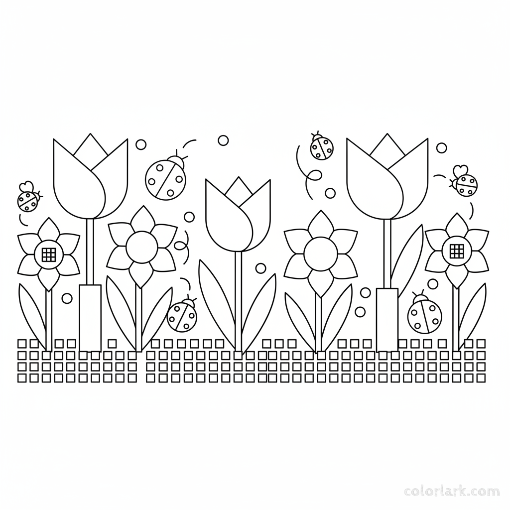 Black and white line art of a spring meadow with tulips, daffodils, and ladybugs, all composed of circles, squares, and triangles for shape recognition.