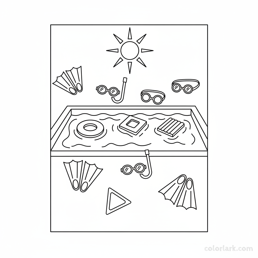 Black and white line art of summer swimming pool items like flippers, goggles, and pool floats, all composed of circles, squares, and triangles for shape learning.