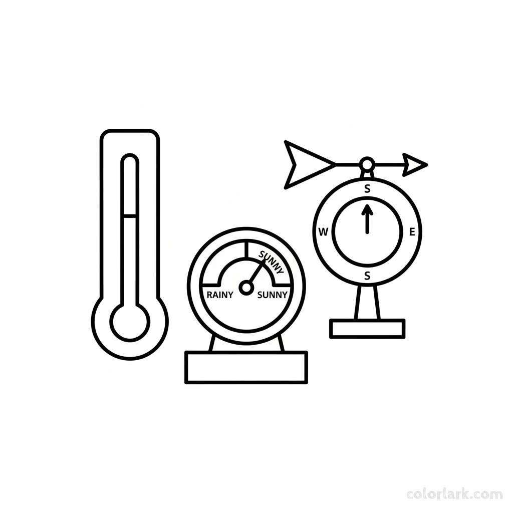 Black and white line art of a weather science station with a thermometer, barometer, and wind vane, all formed by circles, squares, and triangles.