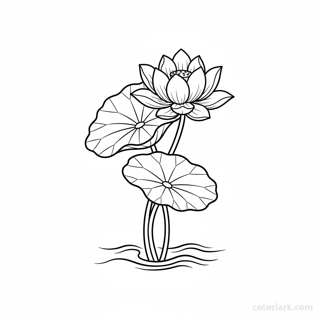 Black and white line art of a lotus flower in side profile with its stem and leaves.