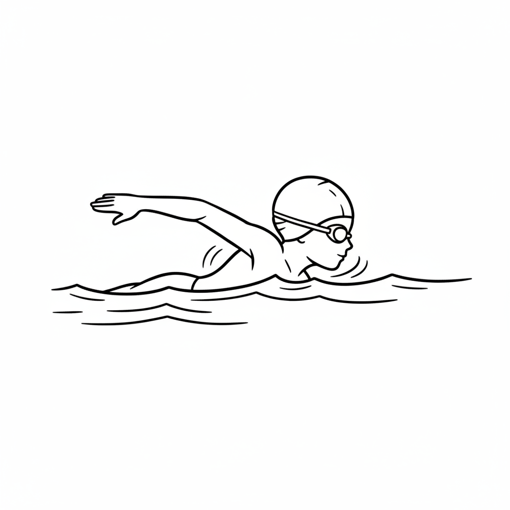Black and white line art side view of a child swimming freestyle in a pool, wearing a swim cap and goggles.