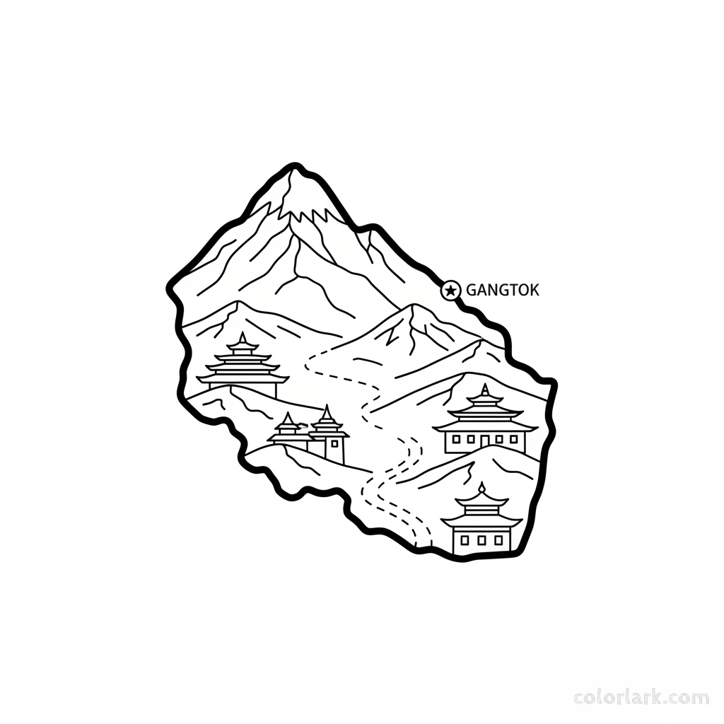 Line art coloring map of Sikkim state, featuring Mount Kanchenjunga, Buddhist monasteries, and Gangtok.